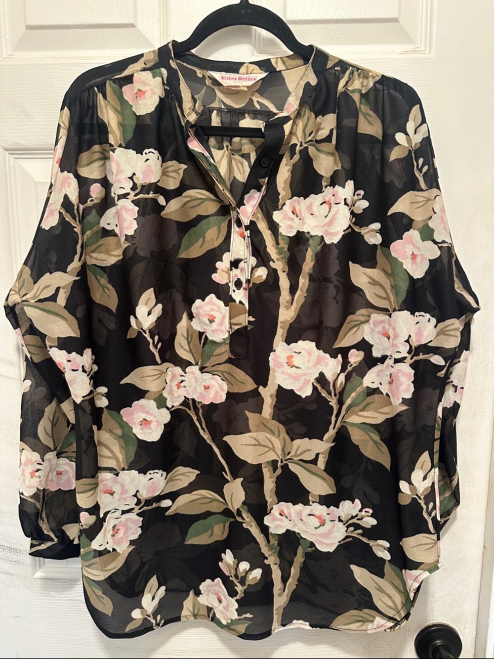 Vintage 70s Elles Belles Sheer Knit Black and Pink Floral Blouse